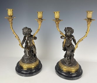 A PAIR BRONZE AND MARBLE CANDELABRA