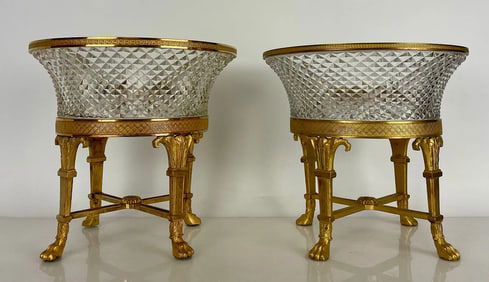 A PAIR OF ORMOLU MOUNTED BACCARAT CRYSTAL FOOTED BOWLS