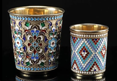 2 RUSSIAN ENAMEL SILVER BEAKERS