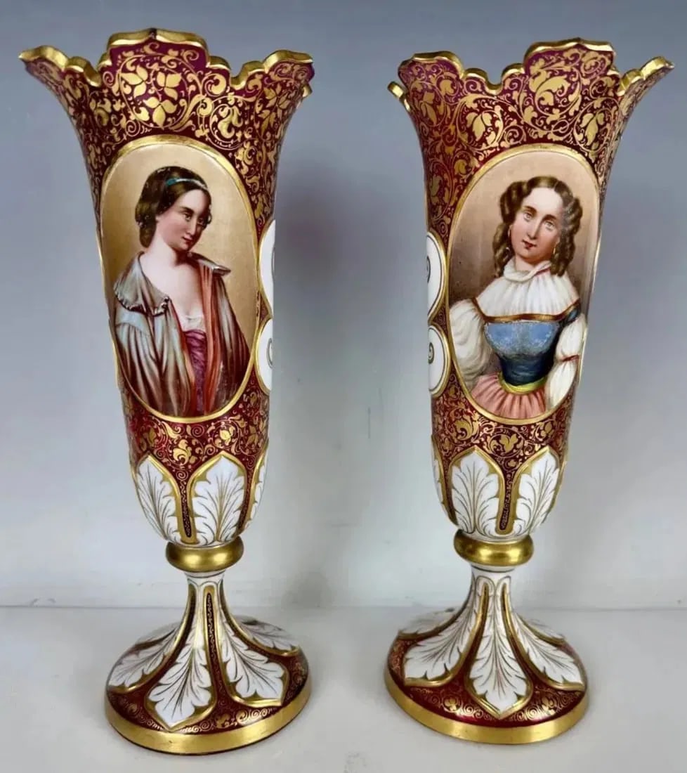 A PAIR OF 19TH C. MOSER OVERLAY GLASS VASES: Measure 10 inches high. In good condition. Estimate $3.000-4.000