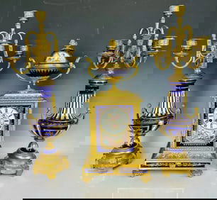 19TH C. DORE BRONZE AND SEVRES PORCELAIN CLOCK SET