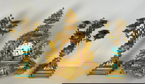 19TH C. ORMOLU MOUNTED SEVRES CLOCK SET