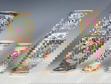 2 CHINESE ROSE CANTON PORCELAIN VASES AND 2 SAMSON VASES