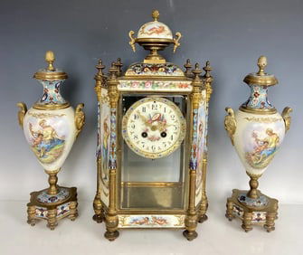 19TH C. FRENCHE SEVRES PORCELAIN AND CHAMPLEVE ENAMEL CLOCK SET