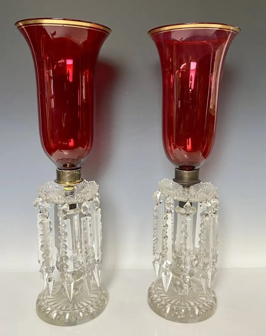 A PAIR OF 19TH C. BOHEMIAN HURRICANE LAMPS: Measure 24 inches high. In good antique condition, minor minute chips to bottom of the bases. Estimate $1.000-1.200