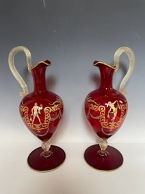 A PAIR OF ITALIAN ENAMELLED MURANO GLASS EWERS