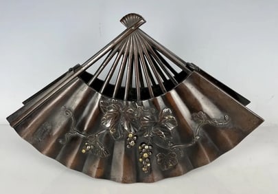 MEIJI PERIOD JAPNESE MIXED METAL BRONZE FAN SIGNED