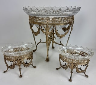 VICTORIAN SILVER AND CRYSTAL 3 PIECE BOWLS