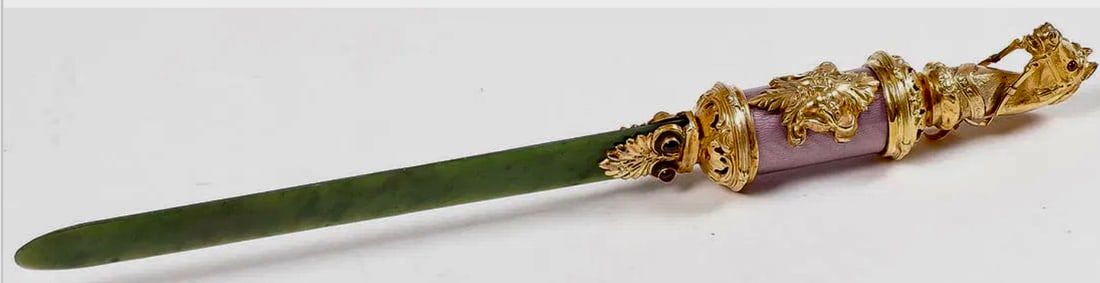 FABERGE STYLE SILVER GILT, ENAMEL AND NEPHRITE LETTER OPENER - 4