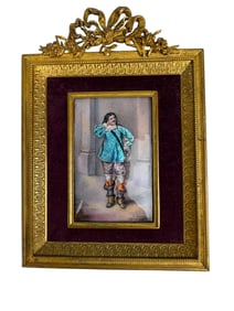 FRENCH ENAMEL HAND PAINTED PLAQUE WITH ORMOLU FRAME