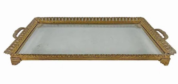 ANTIQUE FRENCH DORE BRONZE AND GLASS TRAY