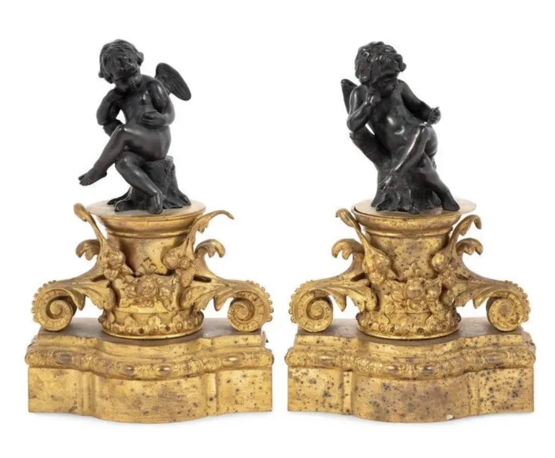 A PAIR OF 19TH C. FRENCH BRONZE FIRE PLACE CHENETS (1 of 3)