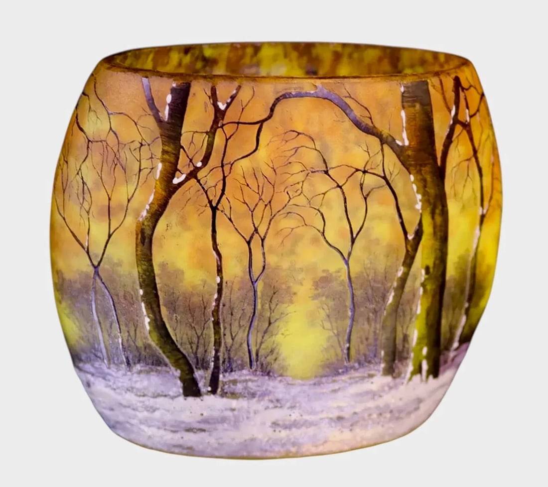 DAUM NANCY WINTER SCENE VASE: Circa 1900. Measures measures 3 1/4" tall and 3 3/4" wide. in excellent condition.Estimate $3000-3500