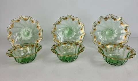 SET OF 3 GILT AND ENAMELLED MOSER FINGER BOWLS & PLATES