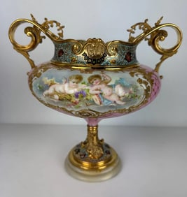 CHAMPLEVE ENAMEL AND SEVRES PORCELAIN VASE