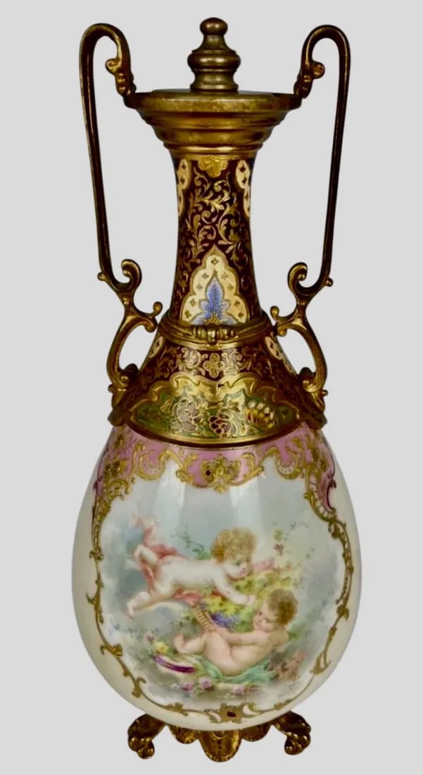 19TH C. FRENCH CHAMPLEVE ENAMEL AND SEVRES PORCELAIN VASE (1 of 2)