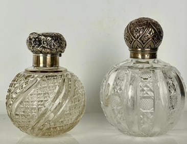 2ENGLISH CUT CRYSTAL AND SILVER PERFUME BOTTLES