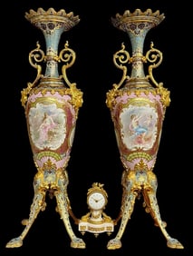 A MAGNIFICENT PAIR OF ART NOUVEAU CHAMPLEVE ENAMEL AND SEVRES