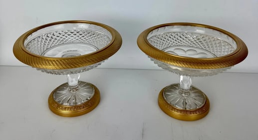 A PAIR OF ORMOLU MOUNTED AND BACCARAT STYLE CRYSTAL TAZZAS