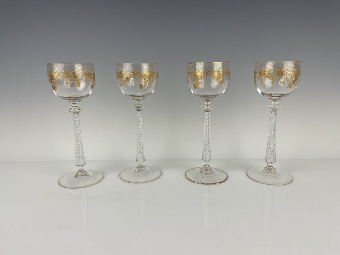 SET OF 4 GILT MOSER WINE GLASSES: Circa 1900. Measure 7 inches tall. No breaks, no chips. Estimate $300-400
