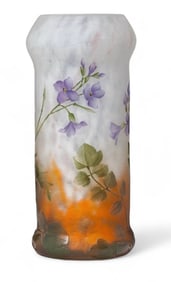A GOOD ACID ETCHED DAUM NANCY VIOLETS VASE