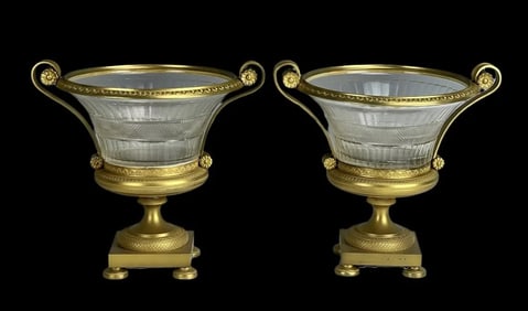 A PAIR OF EMPIRE STYLE DORE BRONZE AND BACCARAT CRYSTAL BOWLS