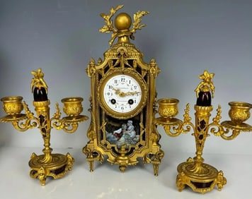 FRENCH DORE BRONZE AND ENAMEL CLOCK GARNITURE