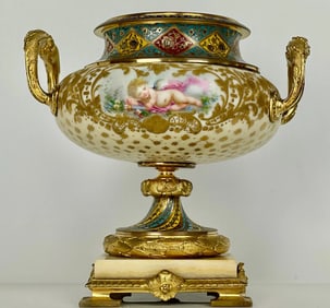 FRENCH CHAMPLEVE ENAMEL AND SEVRES PORCELAIN VASE