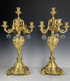 A PAIR OF DORE BRONZE & BACCARAT CRYSTAL CANDELABRA
