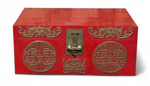 ANTIQUE CHINESE EXPORT RED LEATHER TRUNK