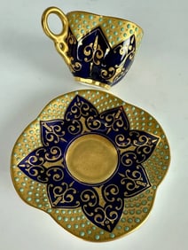 ANTIQUE JEWELED COALPORT PORCELAIN DEMITASSE CUP AND SAUCER
