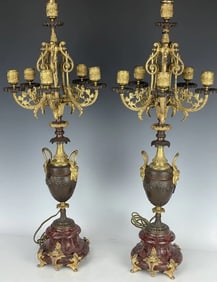 A FINE PAIR OF 19TH C. ROUGE MARBLE AND BRONZE CANDELABRA