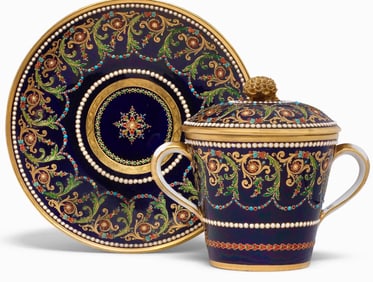 A LARGE SEVRES STYLE CHOCLATE CUP AND COVER AND SAUCER