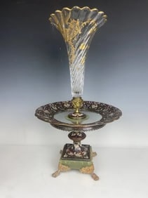 A LARGE CHAMPLEVE ENAMEL AND BACCARAT CRYSTAL CENTREPIECE