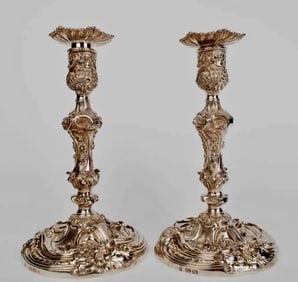 PAIR OF STERLING CANDEL HOLDERS BY ROBERT ROSKELL, ALAN & JOHN MORTIMER HUNT