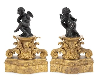 A PAIR OF 19TH C. FRENCH BRONZE FIRE PLACE CHENETS
