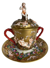 19TH C. CAPODIMONTE LIDED CUP AND SAUCER