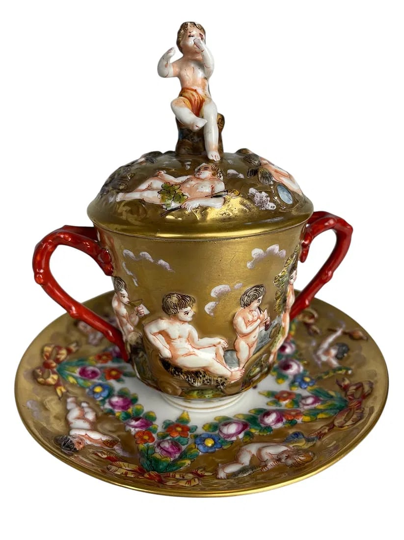 19TH C. CAPODIMONTE LIDED CUP AND SAUCER: Saucer 5.7” d. In good condition. Estimate $500-600