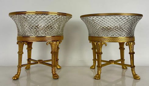 A PAIR OF ORMOLU MOUNTED BACCARAT CRYSTAL FOOTED BOWLS