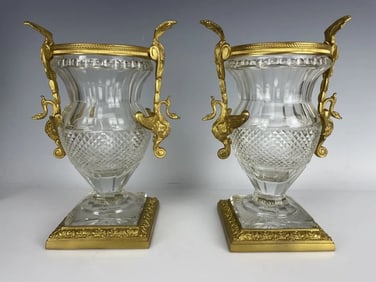 A PAIR OF EMPIRE STYLE DORE BRONZE AND BACCARAT CRYSTALVASES