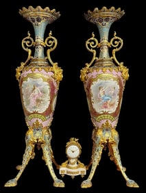 A MAGNIFICENT PAIR OF ART NOUVEAU CHAMPLEVE ENAMEL AND SEVRES