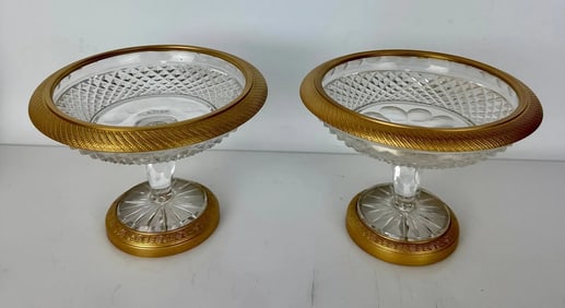 A PAIR OF ORMOLU MOUNTED AND BACCARAT STYLE CRYSTAL TAZZAS