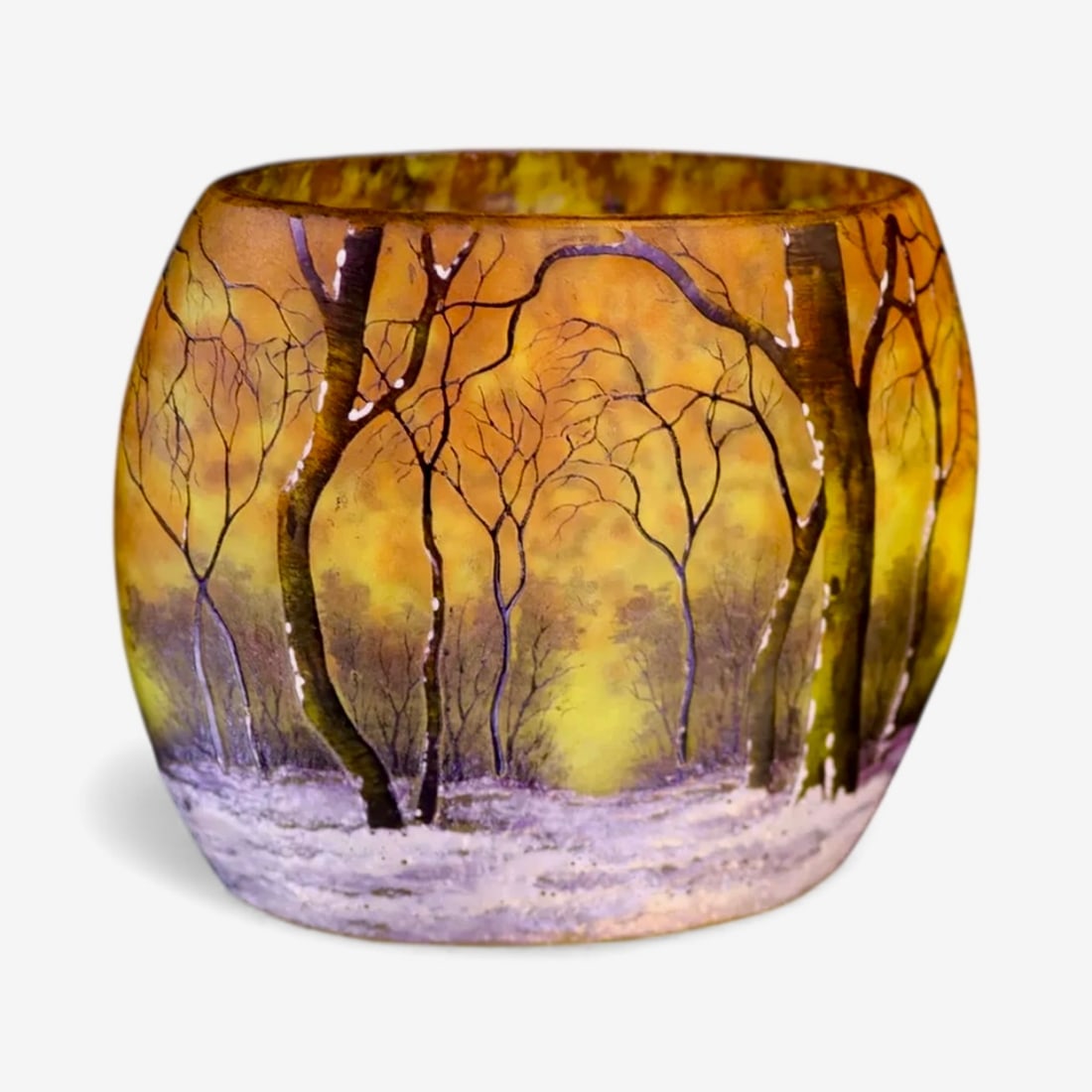 DAUM NANCY WINTER SCENE PILLOW VASE: Circa 1900. Measures 3.8” w., 3.3” h. In good condition. Estimate $3500-4000