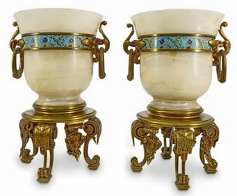 A PAIR OF 19TH C. CHAMPLEVE ENAMEL AND ALABASTER URNS