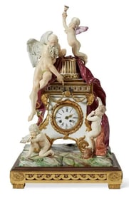 18TH C. VIENNA PORCELAIN FIGURAL MANTEL CLOCK ON AN ORMOLU BASE