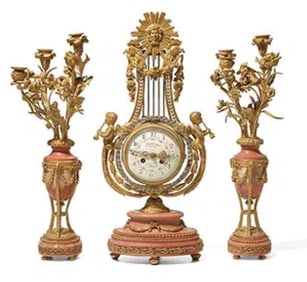 LOUIS XVI STYLE PINK MARBLE AND ORMOLU CLOCK SET CICA 1900