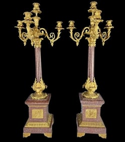 A LARGE PAIR OF DORE BRONZE AND MARBLE CANDELABRA