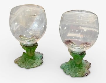 PAIR OF DAUM PATE DE VERRE BACCHUS BRANDY, COGNAC SNIFTERS MINT