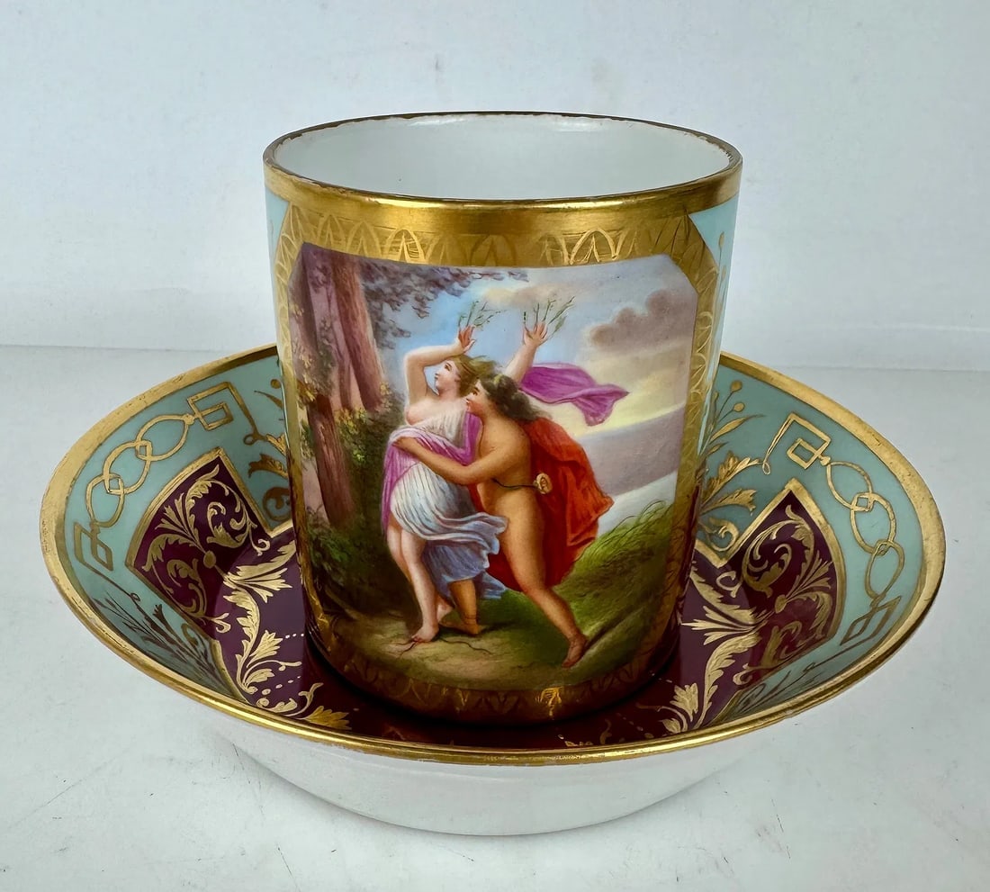 A LARGE ROYAL VENNA CUP AND SAUCER: Circa 1900. Saucer measures approx 6 inches . Cup 5.5 inches h. In good and free of damage condition.Estimate $700-900
