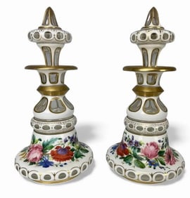 A PAIR OF GILT AND ENAMELED MOSER PERFUME BOTTLE